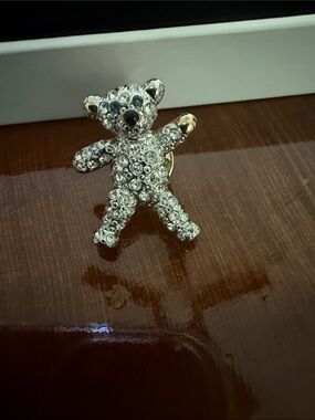 Crystal Teddy Bear Brooch - Gold Tone